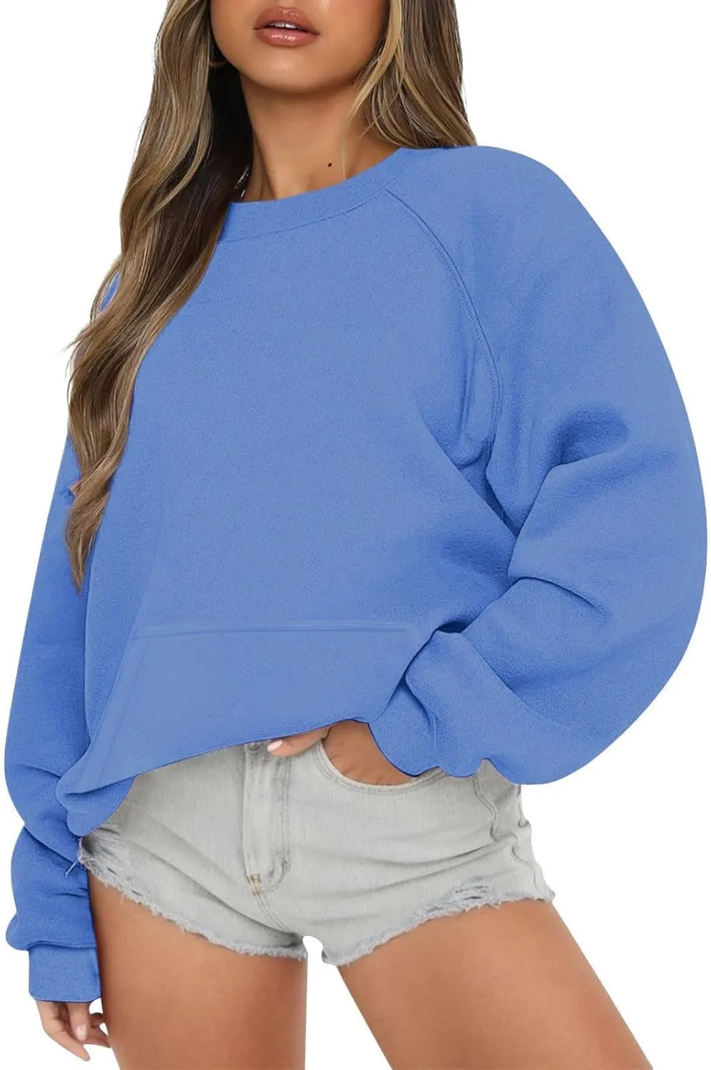 Women Crew Neck Sweatshirts Drop Shoulder Fleece Oversized Sweatshirt Long Sleeve Casual Loose Pullover Fall Sweater