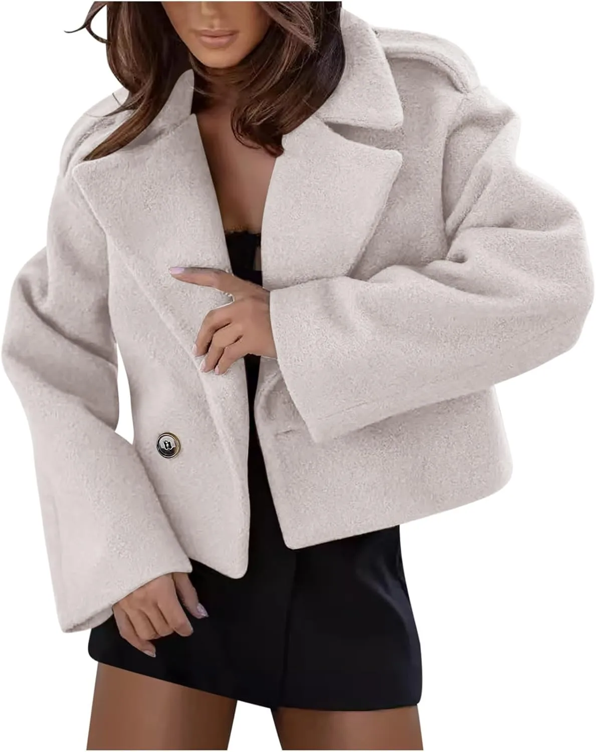 Women Crop Pea Coat Wool Blend Office Work Jackets Notched Lapel Collar Short Winter Jacket Warm Solid Trench Coats
