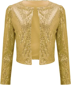 Women Cropped Cardigan Jacket Trendy Comfy Sparkly Sequin Long Sleeve Blazers Casual Solid Color Slim Fit Tunic Coats
