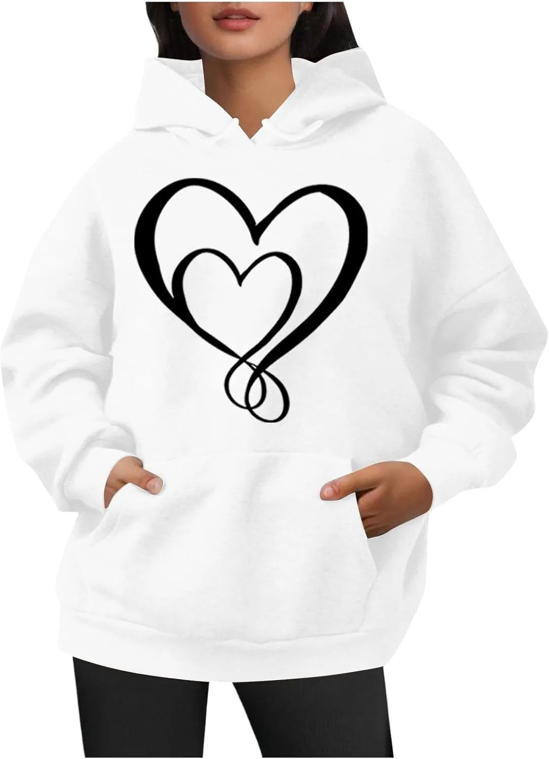 Women Heart Print Hoodie Classic Solid Graphic Oversized Pullover Valentines Day Long Sleeve Sweatshirt with Pocket