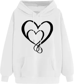 Women Heart Print Hoodie Classic Solid Graphic Oversized Pullover Valentines Day Long Sleeve Sweatshirt with Pocket