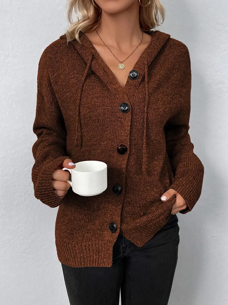 Women Hooded Sweater Tops Solid Cable Knit Cardigans Button Down Open Front Sweater Coat with Drawstring