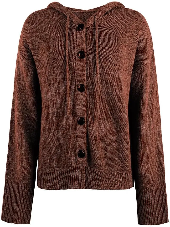 Women Hooded Sweater Tops Solid Cable Knit Cardigans Button Down Open Front Sweater Coat with Drawstring