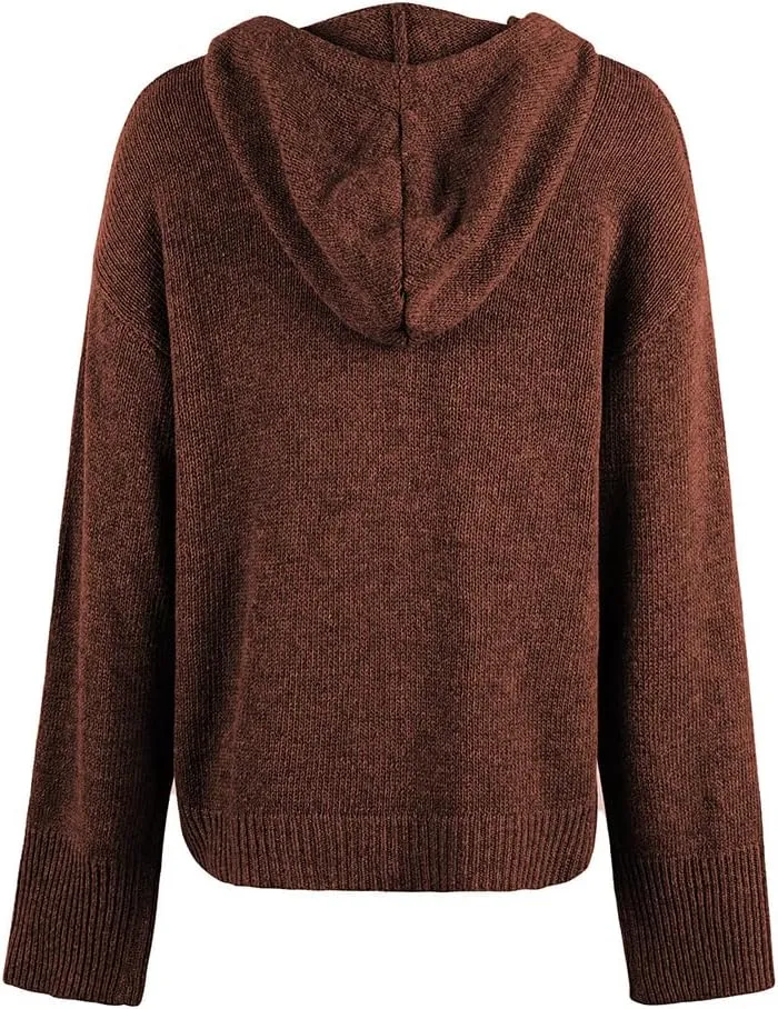 Women Hooded Sweater Tops Solid Cable Knit Cardigans Button Down Open Front Sweater Coat with Drawstring