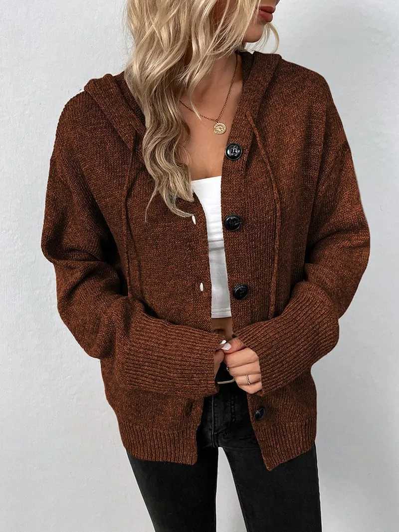 Women Hooded Sweater Tops Solid Cable Knit Cardigans Button Down Open Front Sweater Coat with Drawstring