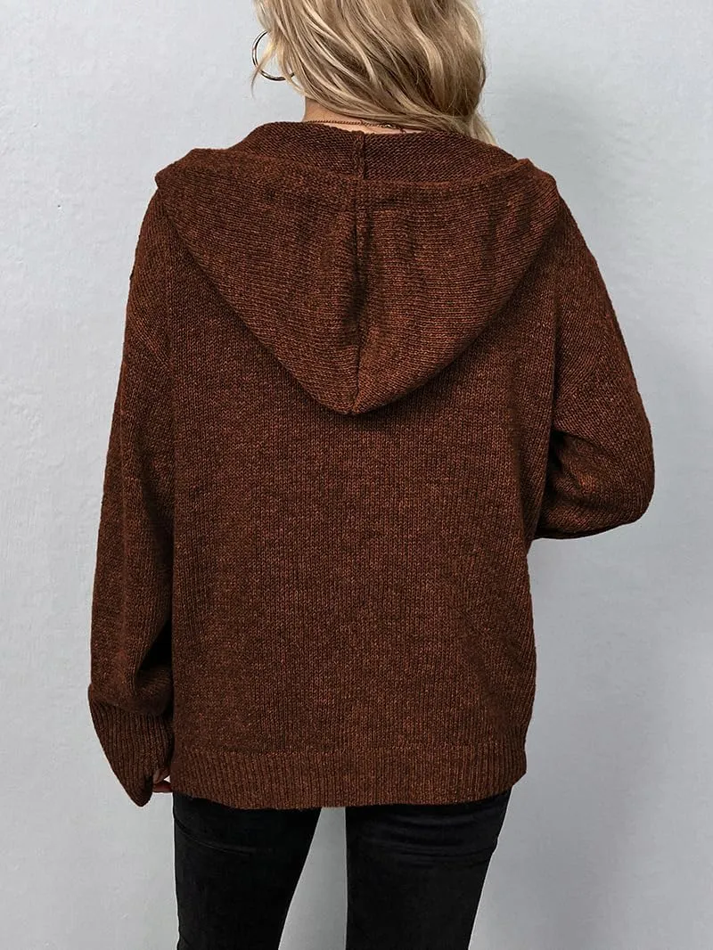 Women Hooded Sweater Tops Solid Cable Knit Cardigans Button Down Open Front Sweater Coat with Drawstring
