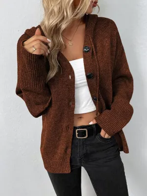 Women Hooded Sweater Tops Solid Cable Knit Cardigans Button Down Open Front Sweater Coat with Drawstring