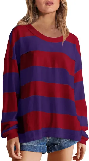 Women Long Sleeve Lightweight Sweatshirts 2024 Fall Fashion Striped Pullover Tops Loose Casual Sweatshirt