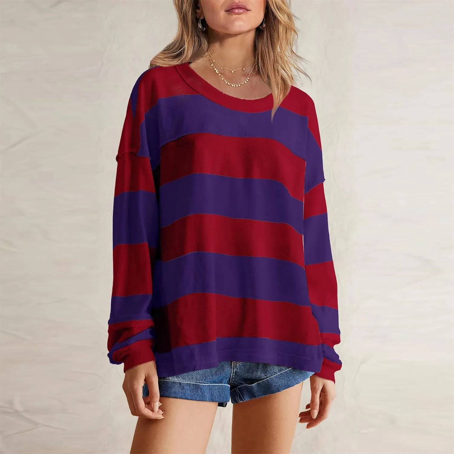 Women Long Sleeve Lightweight Sweatshirts 2024 Fall Fashion Striped Pullover Tops Loose Casual Sweatshirt