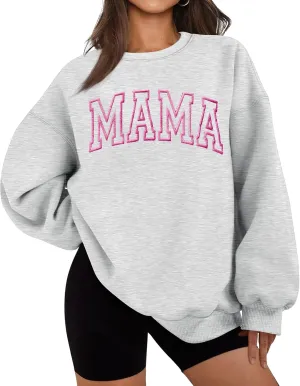 Women Mama Sweatshirt Oversized Embroidered Mama Print Pullover Tops Fall Winter Trendy Long Sleeve Crewneck Shirts