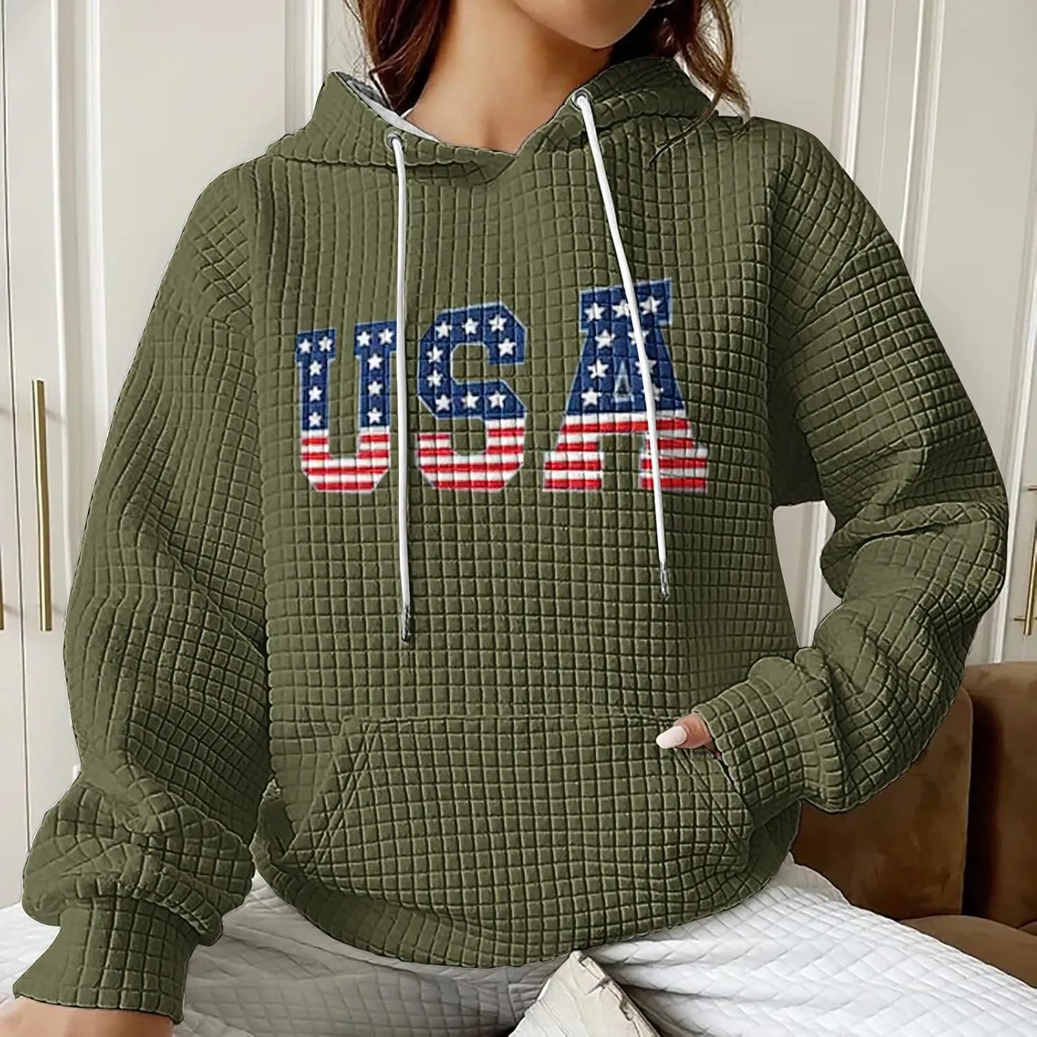 Women Oversized Hoodies Casual Graphic Trendy Hoodies Loose Ffit Tops Long Long Sleeve Drawstring Waffle Pullover