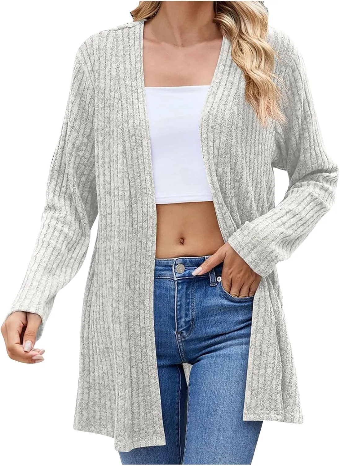Women Ribbed Knit Cardigan Sweater Long Sleeve Lightweight Soft Open Front Sweaters 2024 Fall Trendy Sweater Coats