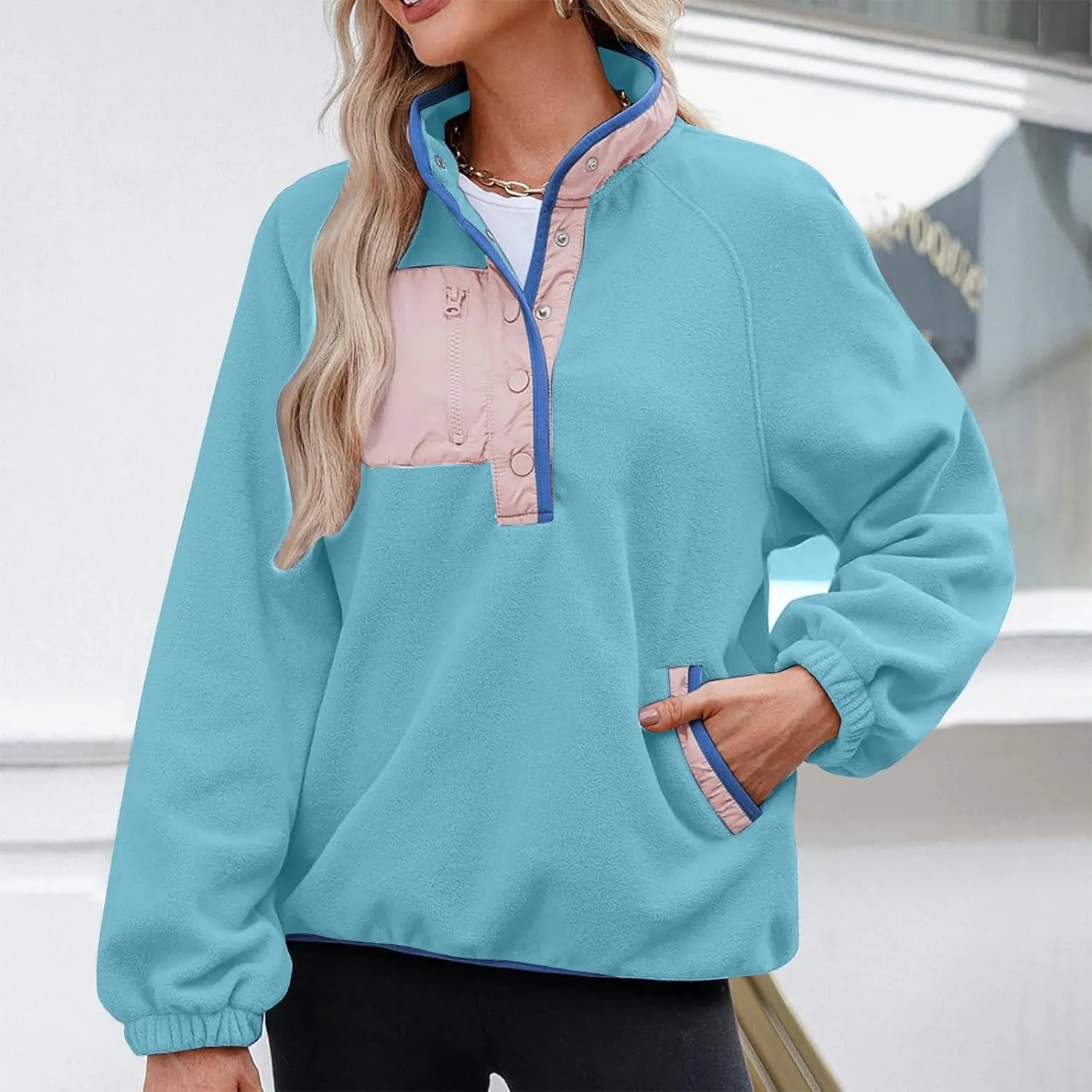 Women Sherpa Fleece Colorblock Jacket Casual Button Down Fuzzy Sweatshirt Warm Teddy Oversized Pullover with Pocket