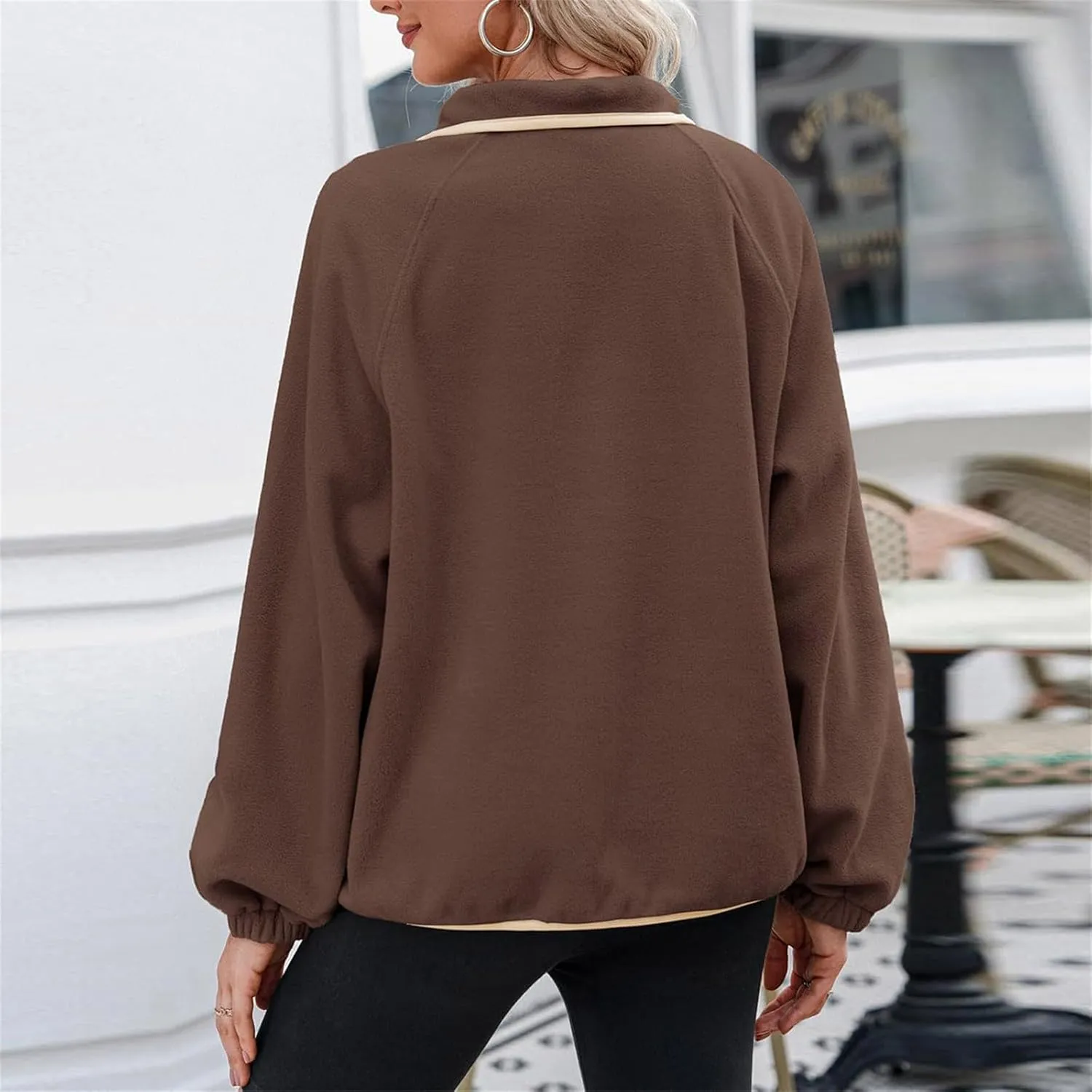 Women Sherpa Fleece Colorblock Jacket Casual Button Down Fuzzy Sweatshirt Warm Teddy Oversized Pullover with Pocket