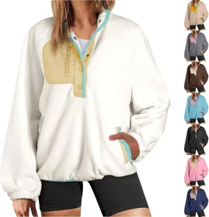 Women Sherpa Fleece Colorblock Jacket Casual Button Down Fuzzy Sweatshirt Warm Teddy Oversized Pullover with Pocket