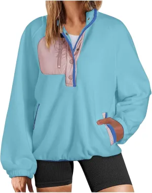 Women Sherpa Fleece Colorblock Jacket Casual Button Down Fuzzy Sweatshirt Warm Teddy Oversized Pullover with Pocket