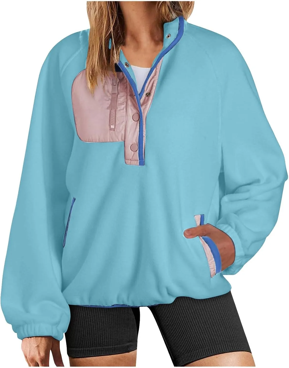 Women Sherpa Fleece Colorblock Jacket Casual Button Down Fuzzy Sweatshirt Warm Teddy Oversized Pullover with Pocket
