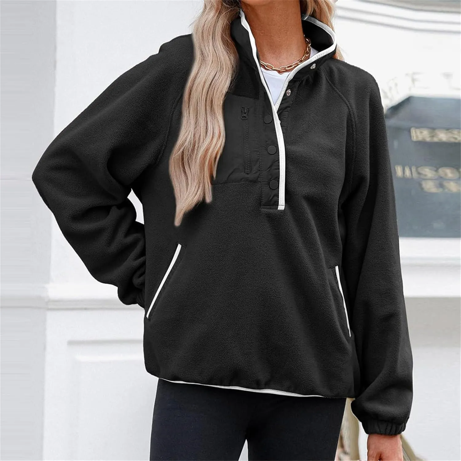 Women Sherpa Fleece Colorblock Jacket Casual Button Down Fuzzy Sweatshirt Warm Teddy Oversized Pullover with Pocket