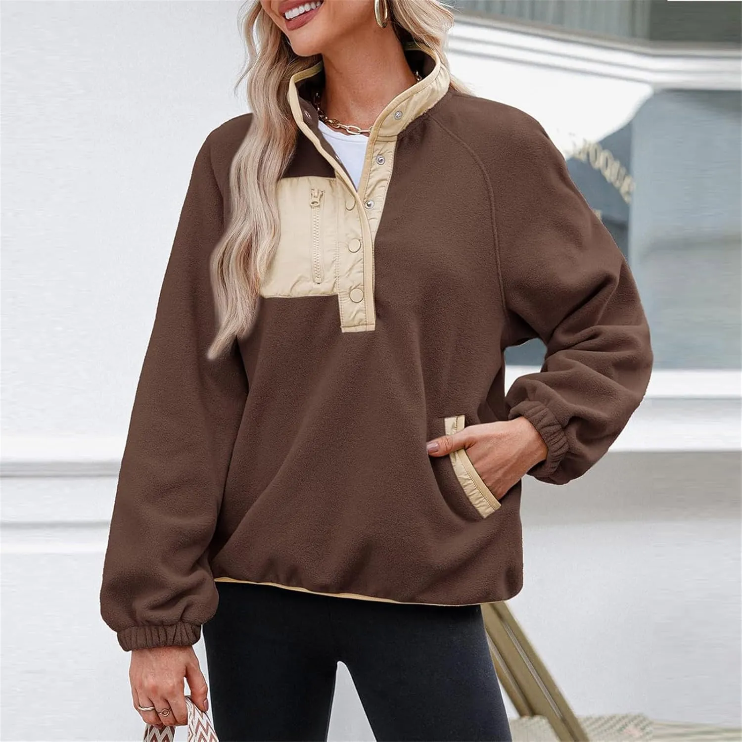 Women Sherpa Fleece Colorblock Jacket Casual Button Down Fuzzy Sweatshirt Warm Teddy Oversized Pullover with Pocket