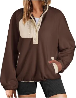 Women Sherpa Fleece Colorblock Jacket Casual Button Down Fuzzy Sweatshirt Warm Teddy Oversized Pullover with Pocket