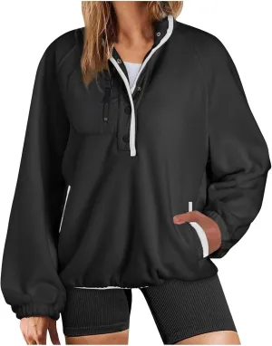 Women Sherpa Fleece Colorblock Jacket Casual Button Down Fuzzy Sweatshirt Warm Teddy Oversized Pullover with Pocket