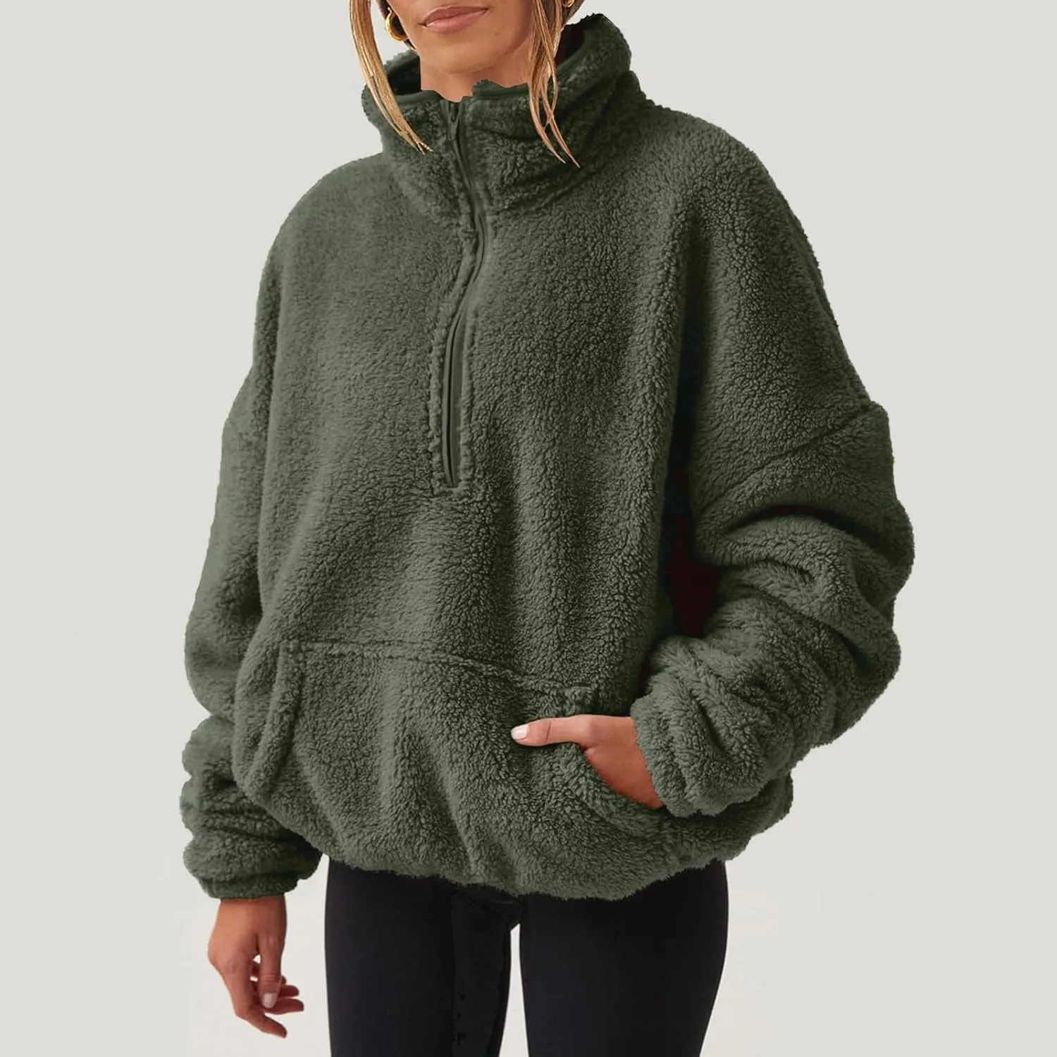 Women Sherpa Pullover Half Zip Fuzzy Fleece Oversized Sweatshirt Long Sleeve Plush Quarter Zip Pullover with Pocket