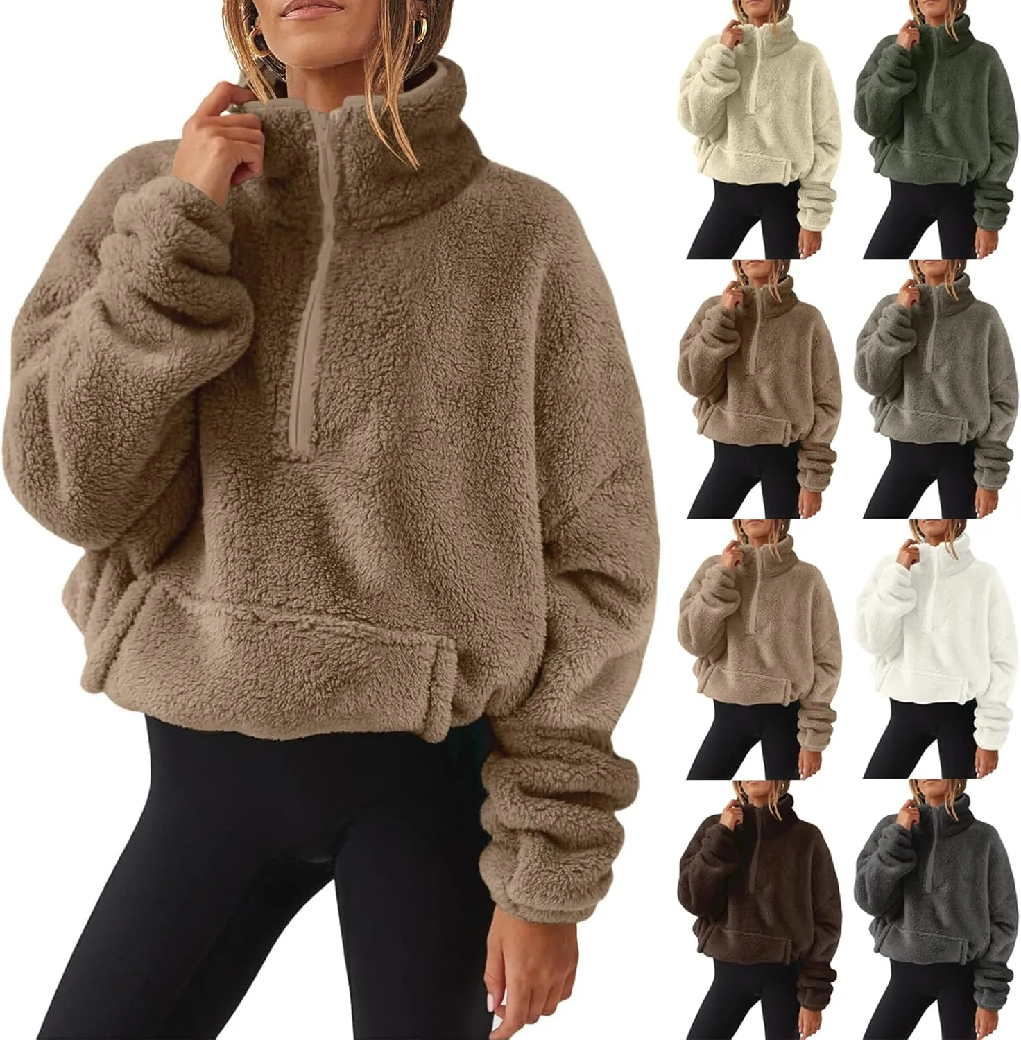 Women Sherpa Pullover Half Zip Fuzzy Fleece Oversized Sweatshirt Long Sleeve Plush Quarter Zip Pullover with Pocket