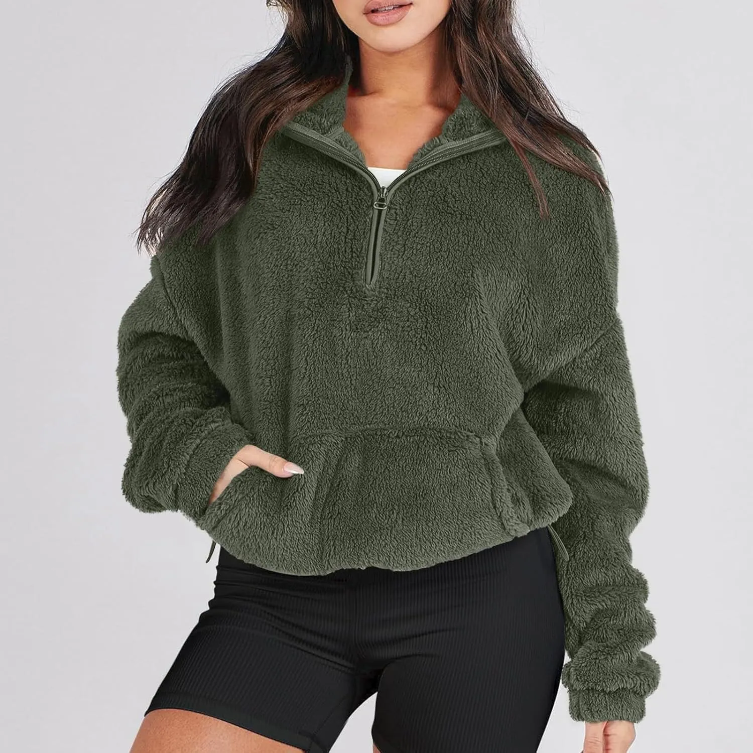Women Sherpa Pullover Half Zip Fuzzy Fleece Oversized Sweatshirt Long Sleeve Plush Quarter Zip Pullover with Pocket