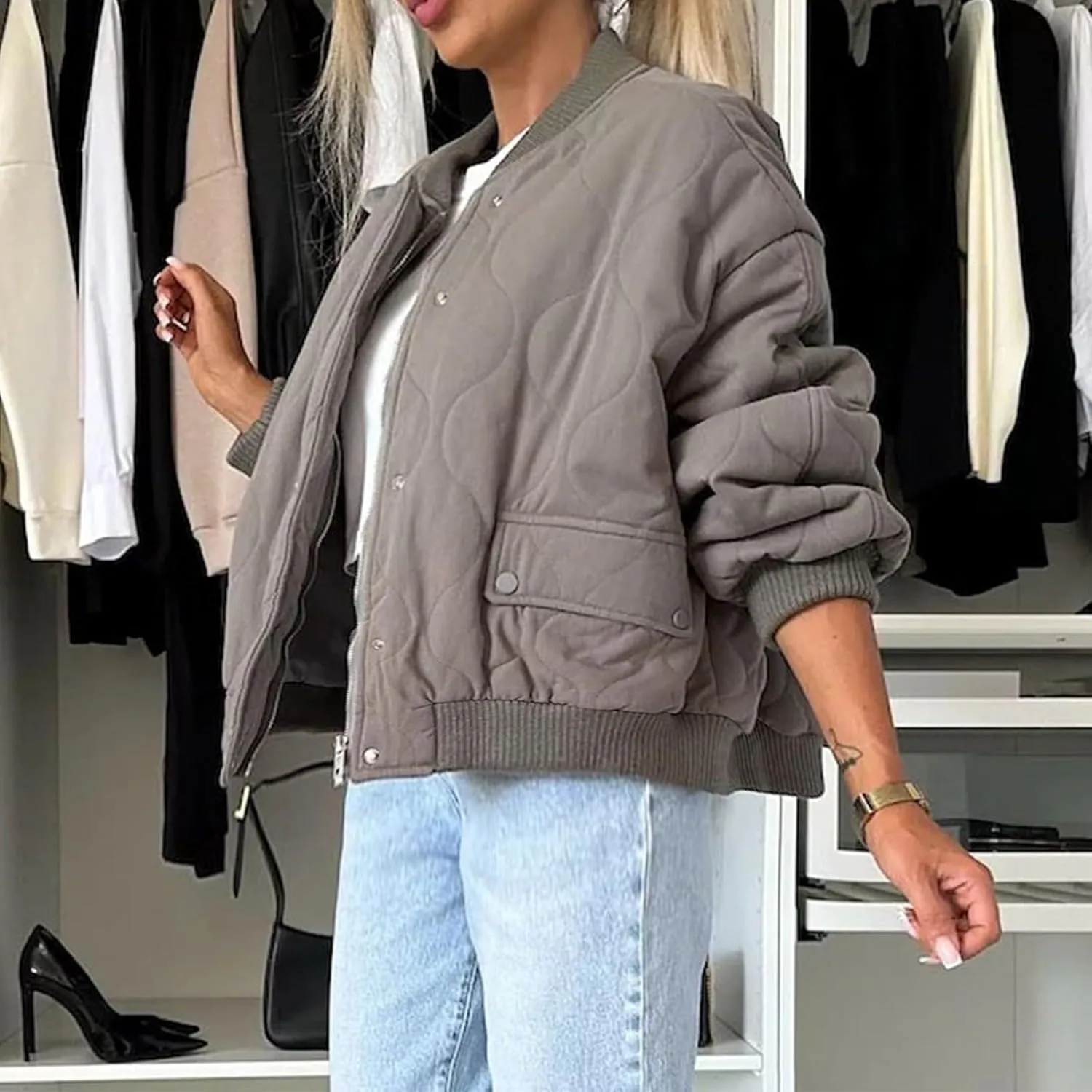Women Solid Color Wool Blend Cropped Jacket Lightweight Soft Comfy Casual Coat Button Down Crewneck Fashion Overcoat