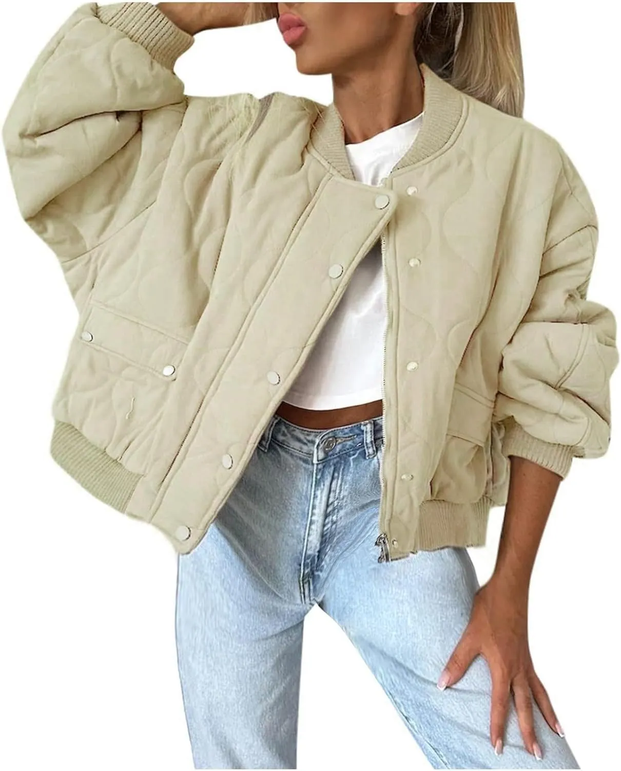 Women Solid Color Wool Blend Cropped Jacket Lightweight Soft Comfy Casual Coat Button Down Crewneck Fashion Overcoat