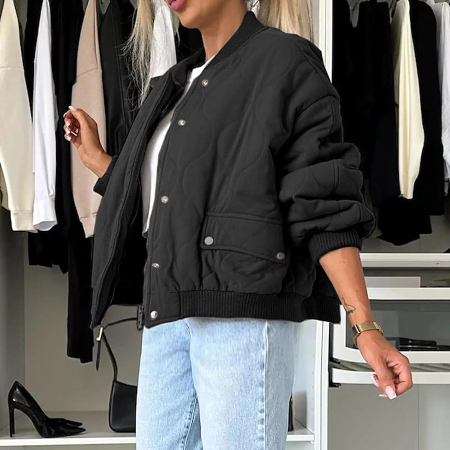 Women Solid Color Wool Blend Cropped Jacket Lightweight Soft Comfy Casual Coat Button Down Crewneck Fashion Overcoat