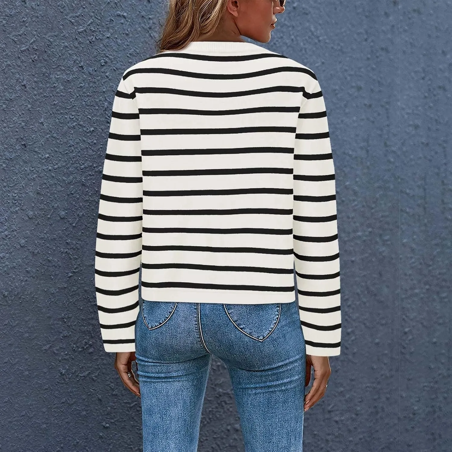 Women Striped Cardigan Sweaters Button Down Open Front Cropped Cardigan Knit Lady Jackets Coat 2024 Fall Outfits