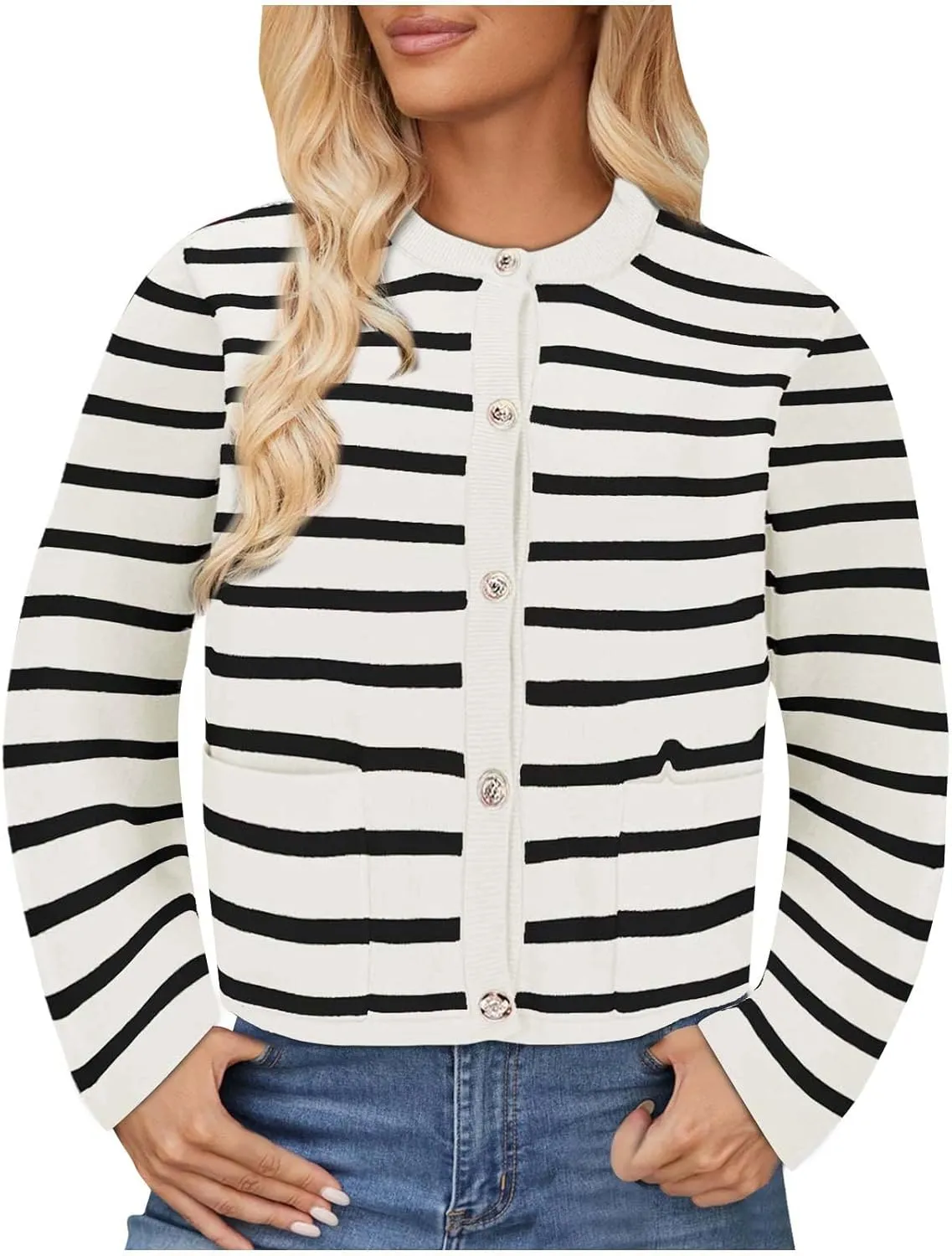 Women Striped Cardigan Sweaters Button Down Open Front Cropped Cardigan Knit Lady Jackets Coat 2024 Fall Outfits