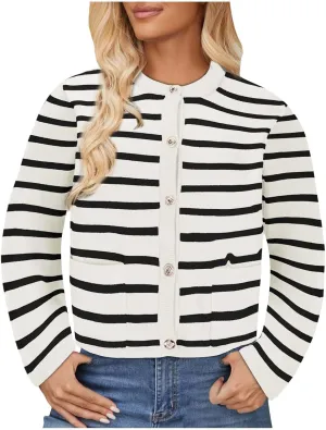 Women Striped Cardigan Sweaters Button Down Open Front Cropped Cardigan Knit Lady Jackets Coat 2024 Fall Outfits