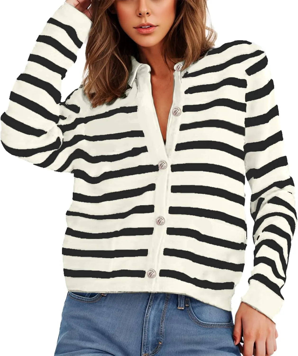 Women Striped Cardigan Sweaters Button Down Open Front Cropped Cardigan Knit Lady Jackets Coat 2024 Fall Outfits