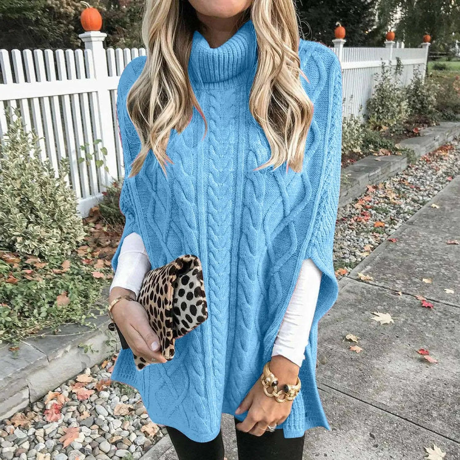 Women Turtleneck Sweaters Split Hem Pullover Knit Sweater Tops Cape Turtleneck Poncho Sweater Women