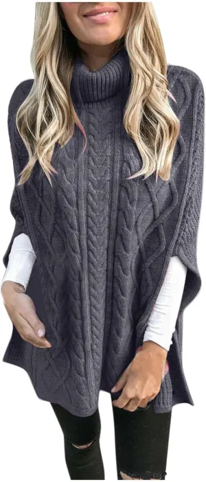 Women Turtleneck Sweaters Split Hem Pullover Knit Sweater Tops Cape Turtleneck Poncho Sweater Women