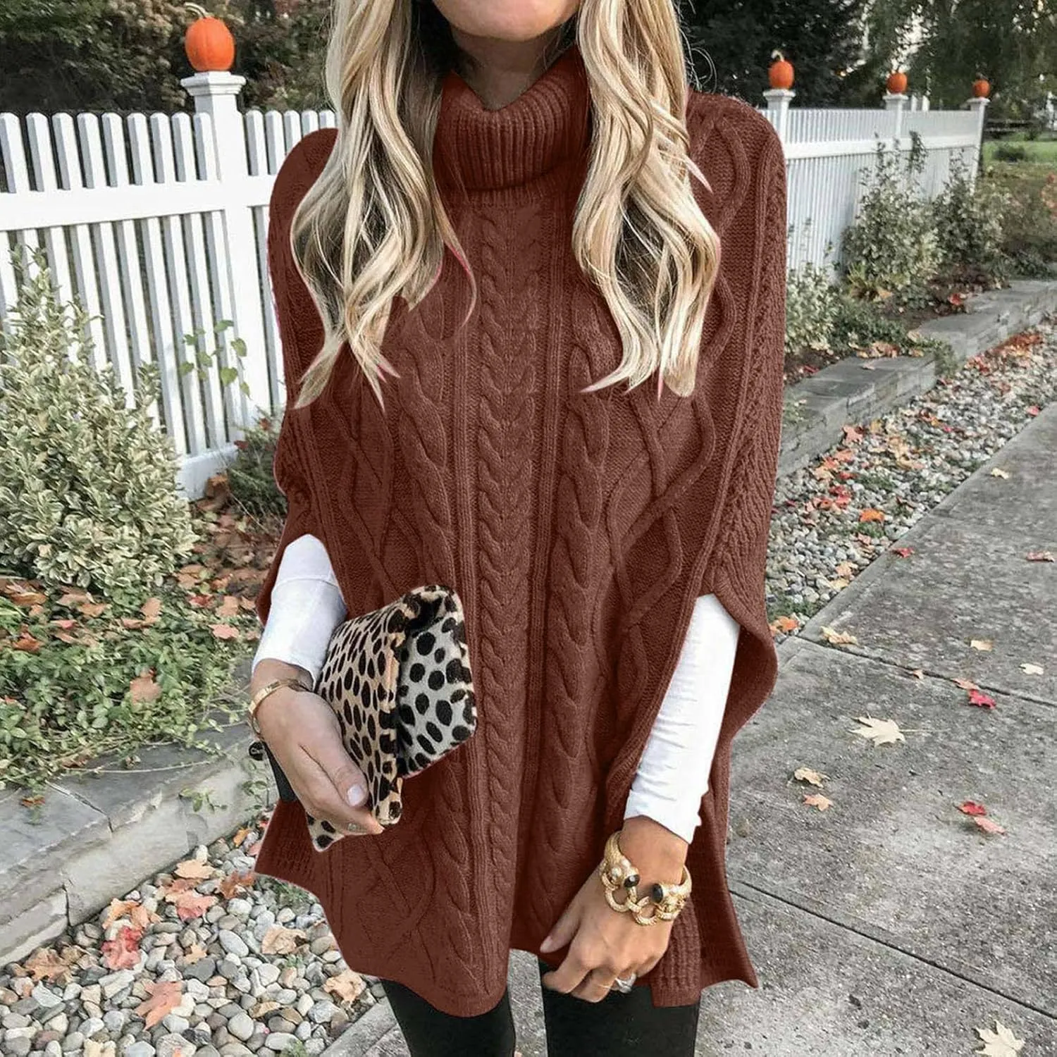 Women Turtleneck Sweaters Split Hem Pullover Knit Sweater Tops Cape Turtleneck Poncho Sweater Women