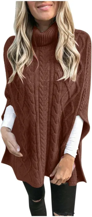 Women Turtleneck Sweaters Split Hem Pullover Knit Sweater Tops Cape Turtleneck Poncho Sweater Women