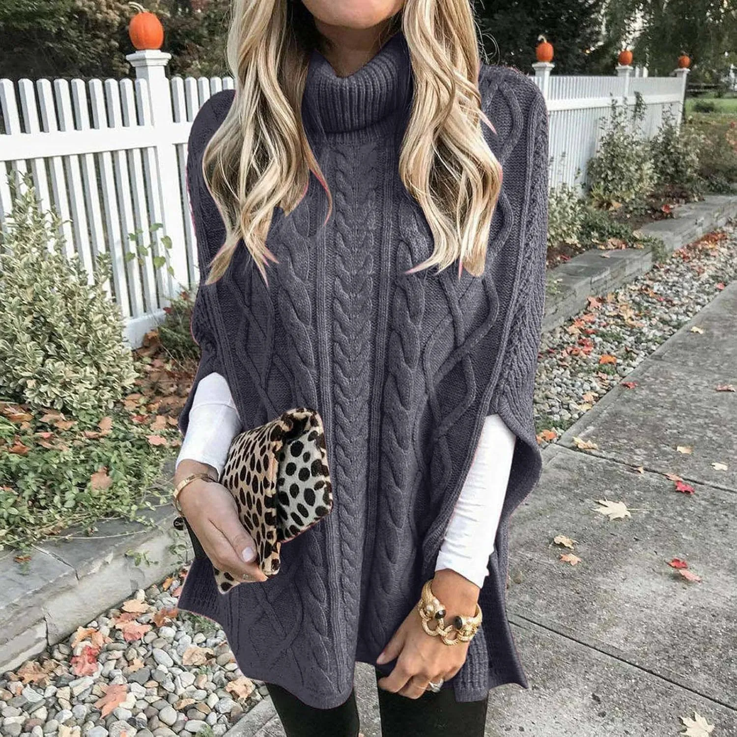 Women Turtleneck Sweaters Split Hem Pullover Knit Sweater Tops Cape Turtleneck Poncho Sweater Women