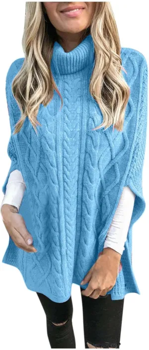 Women Turtleneck Sweaters Split Hem Pullover Knit Sweater Tops Cape Turtleneck Poncho Sweater Women