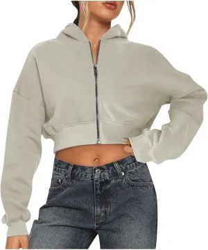 Women Zip Up Cropped Hoodies Fleece Jackets Sweatshirts Fashion Fall Outfits 2024 Teen Girls Y2k Clothes Workout Tops
