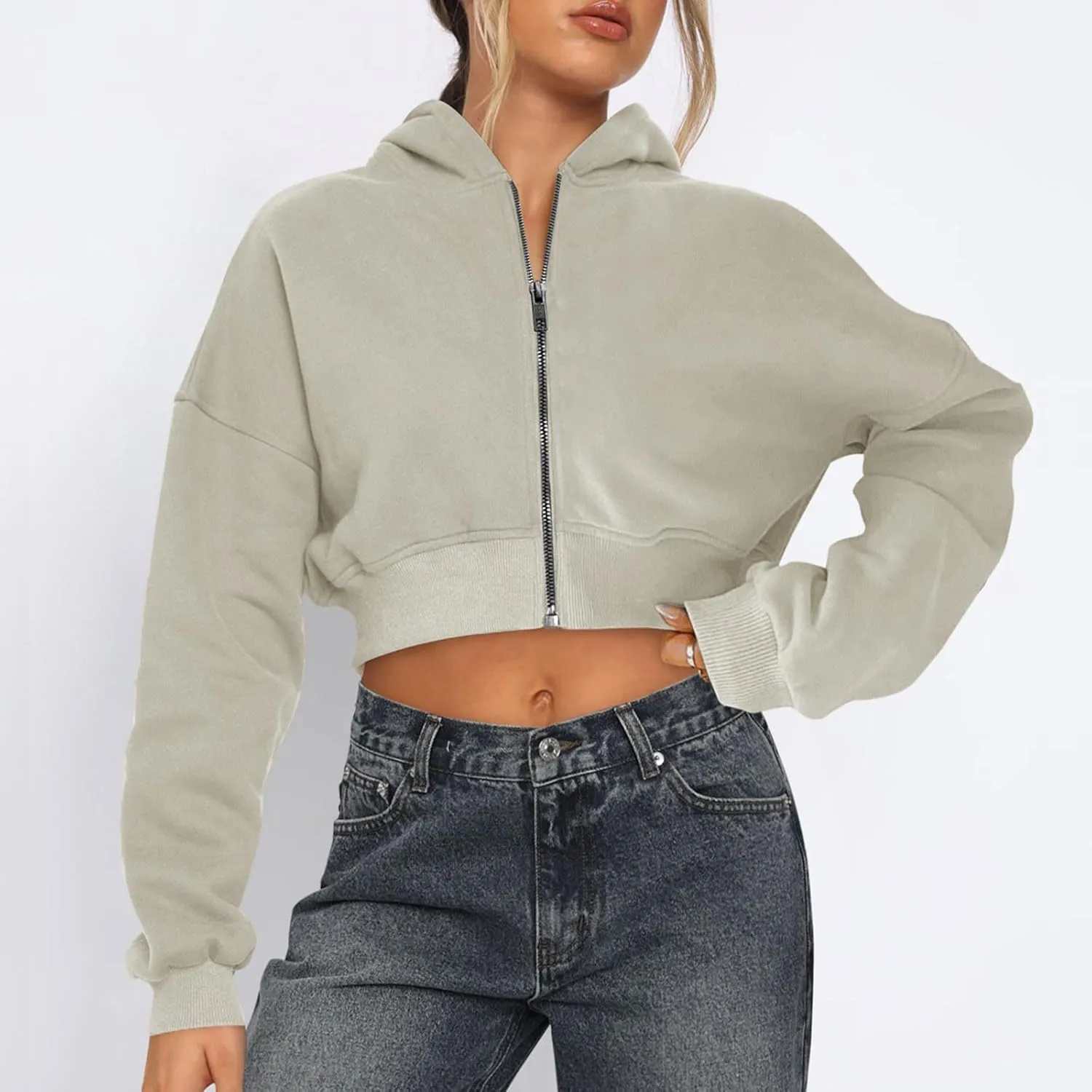 Women Zip Up Cropped Hoodies Fleece Jackets Sweatshirts Fashion Fall Outfits 2024 Teen Girls Y2k Clothes Workout Tops