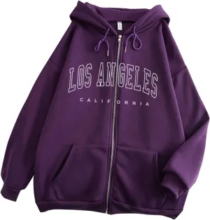 Women Zip up Hoodie Y2k Letter Print Graphic Oversized Hooded Sweatshirt Fall Drawstring Jacket Coats