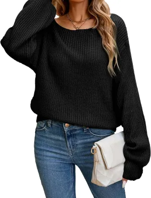 Women's 2024 Boat Neck Long Lantern Sleeve Ribbed Knit Solid Soft Pullover Sweater Tops