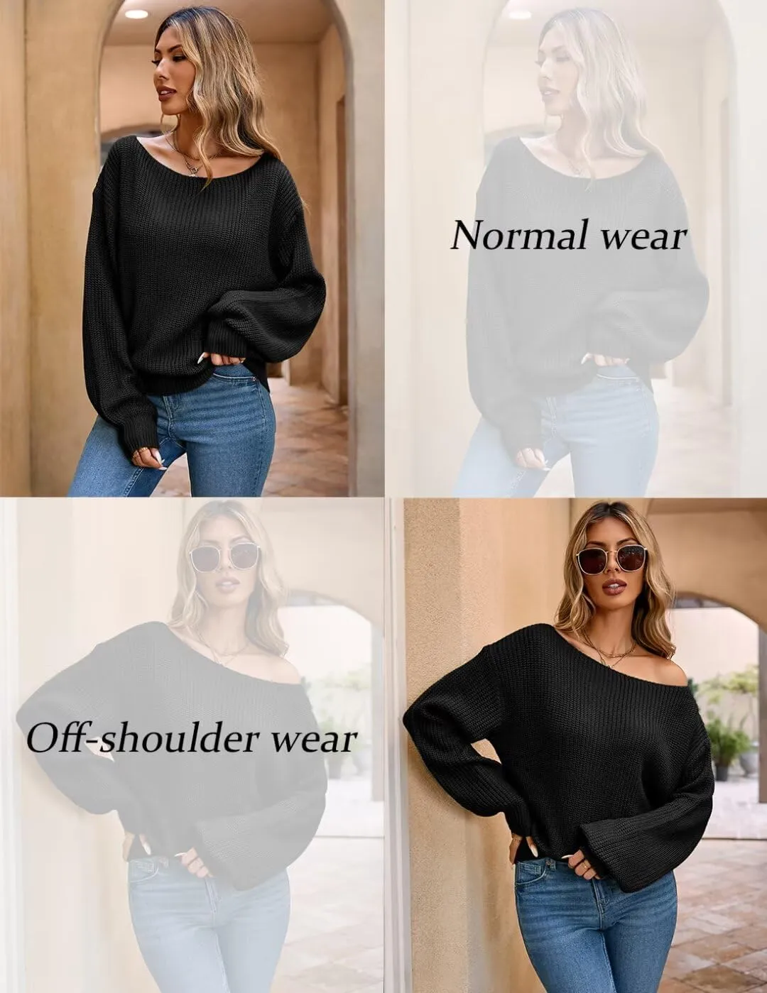 Women's 2024 Boat Neck Long Lantern Sleeve Ribbed Knit Solid Soft Pullover Sweater Tops