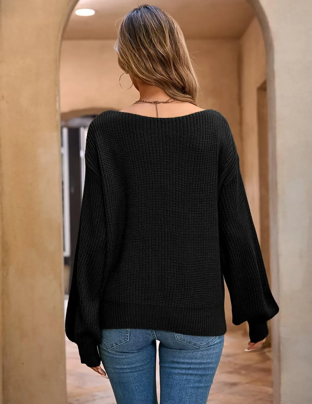Women's 2024 Boat Neck Long Lantern Sleeve Ribbed Knit Solid Soft Pullover Sweater Tops
