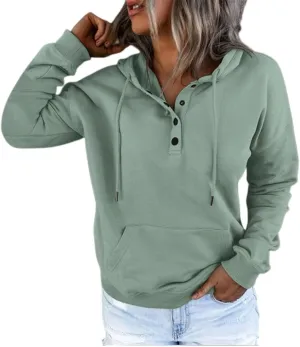 Womens 2024 Hooded Button Collar Drawstring Hoodies Casual Long Sleeve Tops Shirts Pullover Sweatshirts Pockets
