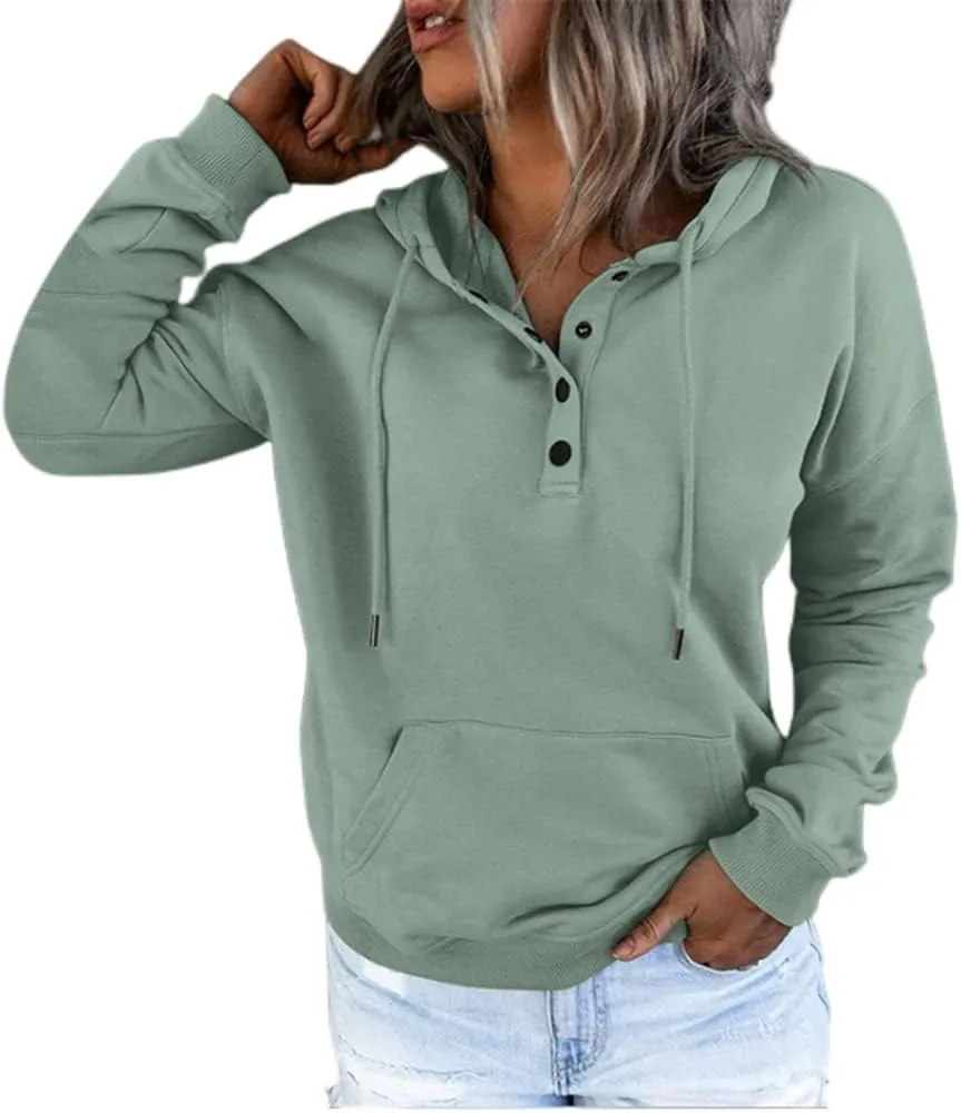 Womens 2024 Hooded Button Collar Drawstring Hoodies Casual Long Sleeve Tops Shirts Pullover Sweatshirts Pockets