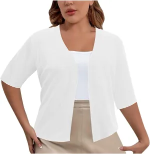 Women's 2024 Lightweight Short Sleeve V Neck Cardigans Sweaters Cropped Open Front Knit Crochet Bolero Shrugs Tops